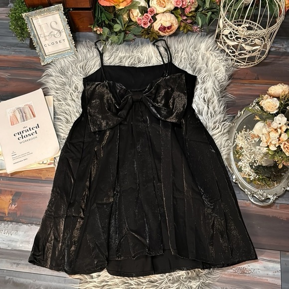 Black Satin Babydoll Mini Dress w/ Bow Party, Holiday, Cocktail, Y2K Slip Style - Picture 1 of 9